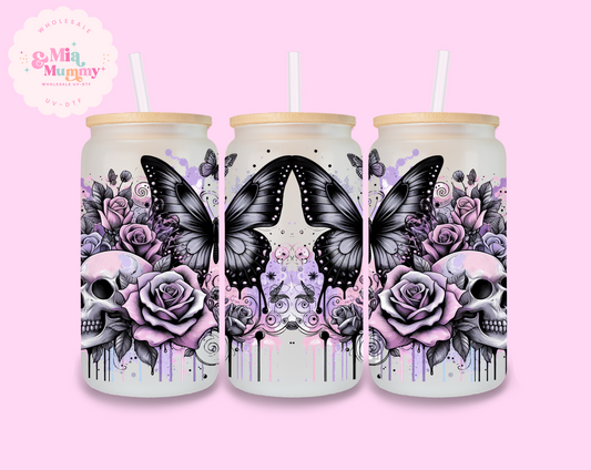 PURPLE ROSES, BUTTERFLIES AND SKULLS SUBLIMATION PRINT