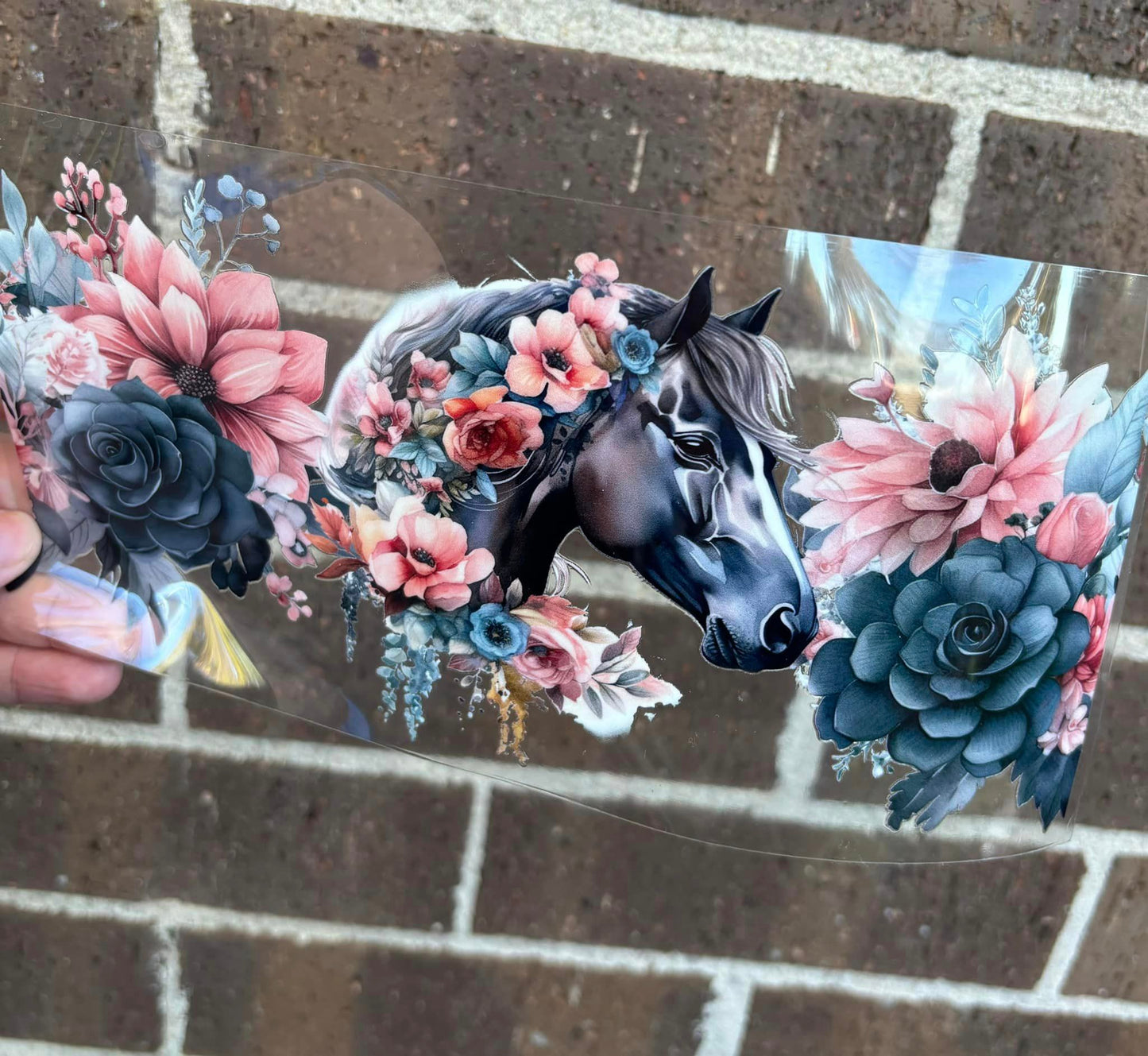 GREY HORSE WITH FLORALS  DOUBLE SIDED UV- DTF