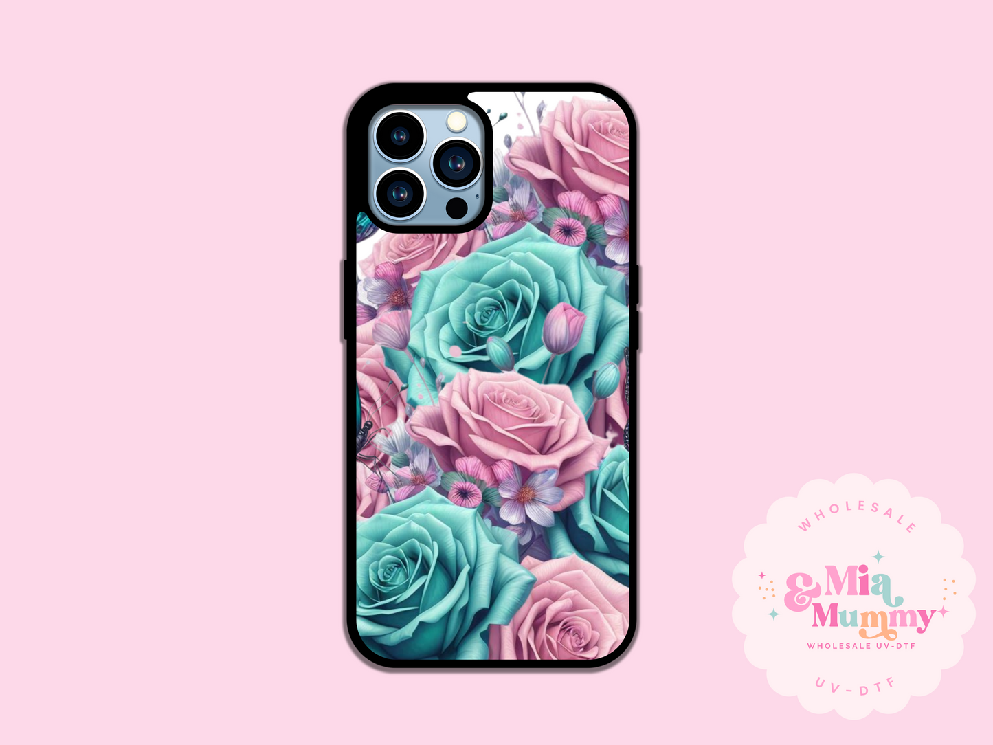 PINK AND TEAL ROSES PHONE CASE - VARIOUS PHONE SIZE