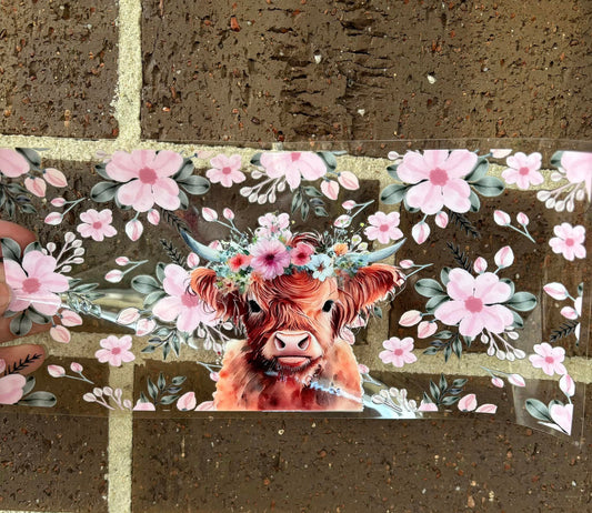 HIGHLAND COW WITH PINK FLOWERS DOUBLE SIDED UV-DTF