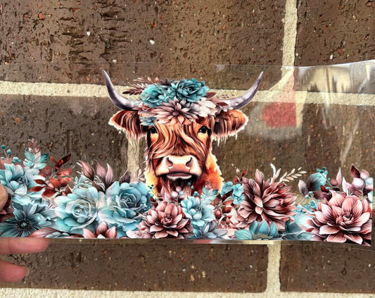 HIGHLAND COW WITH TEAL FLOWERS DOUBLE SIDED UV-DTF