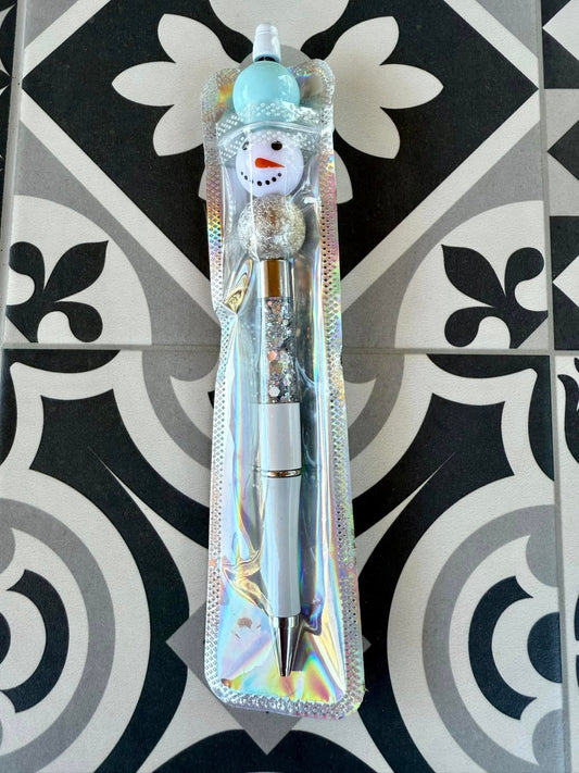 LIGHT BLUE SNOWMAN BEADED SNOW GLOBE PEN