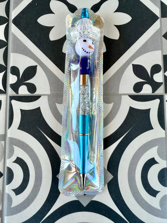 BLUE SNOWMAN BEADED SNOW GLOBE PEN