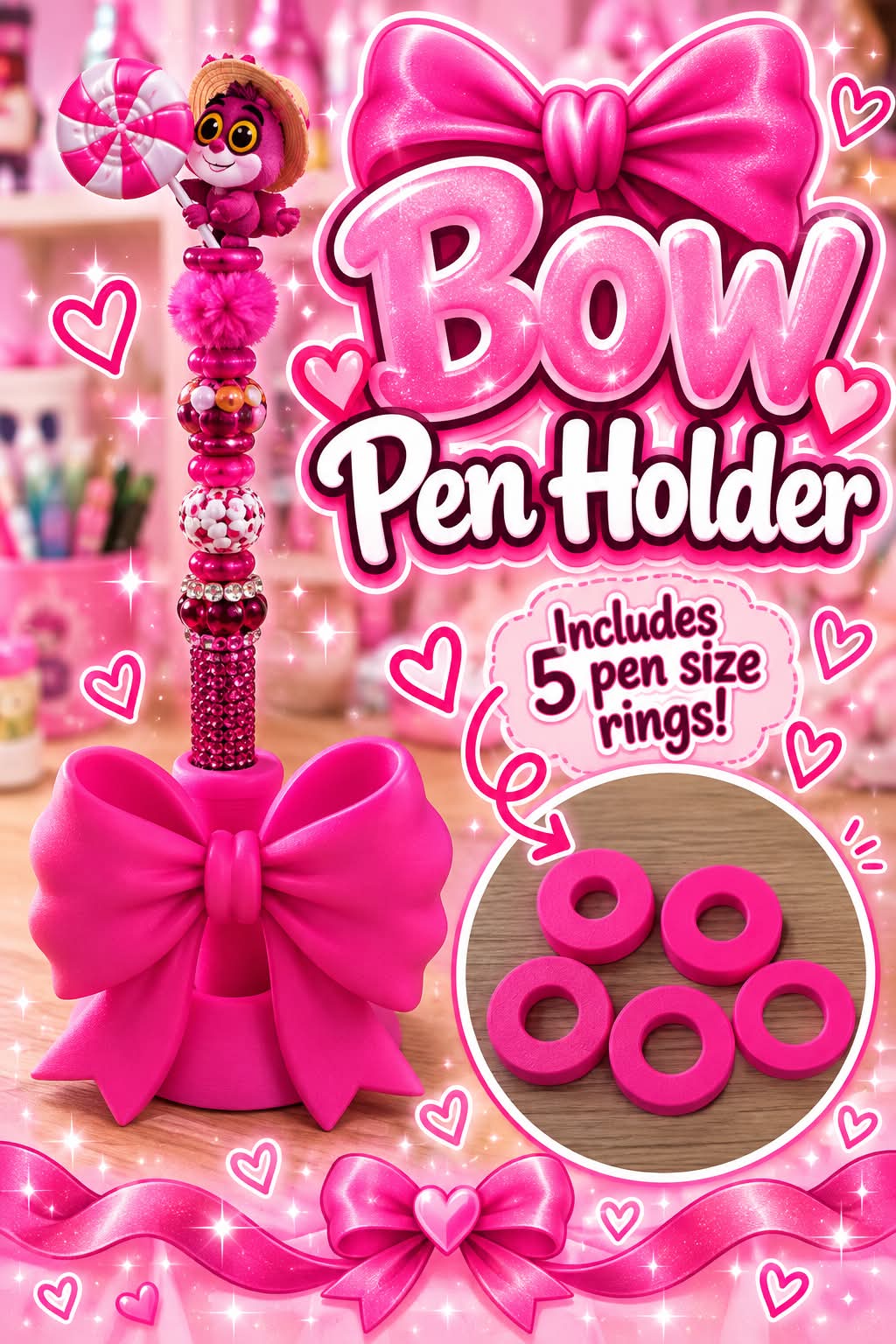 Bow Pen Holder- Includes  5 Ring sizes